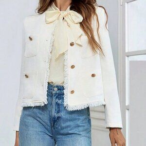 Apricot Elegant Women's Tweed Metal Button Pocket Jacket